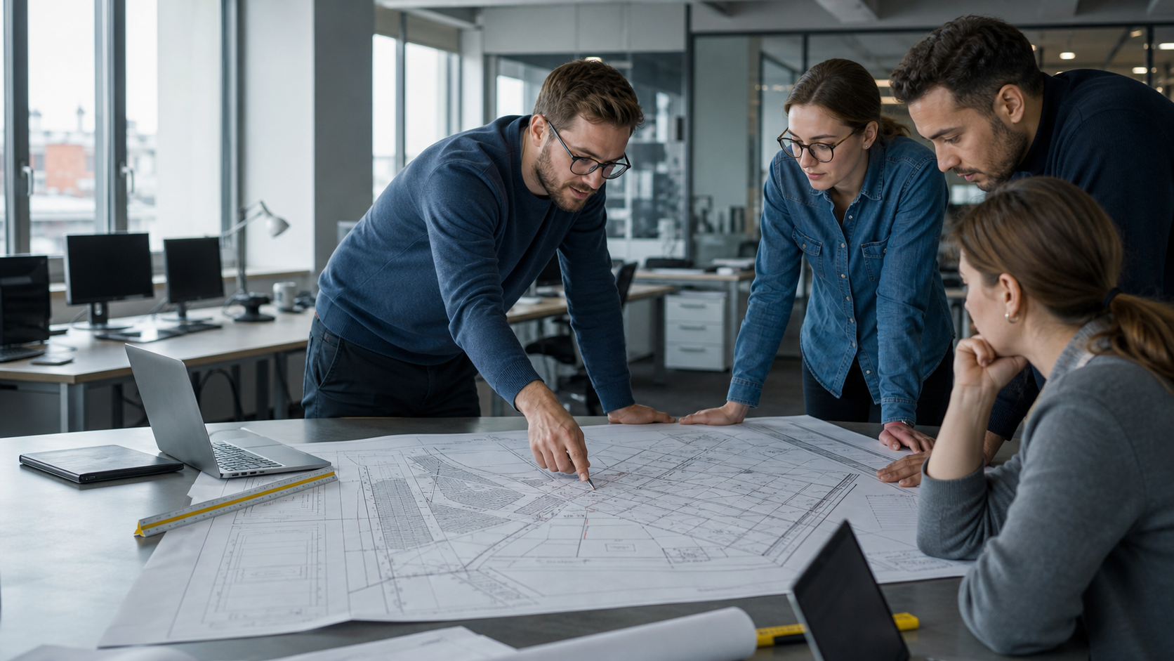 Conceptual image of engineers reviewing a solar power plant design together in an office.