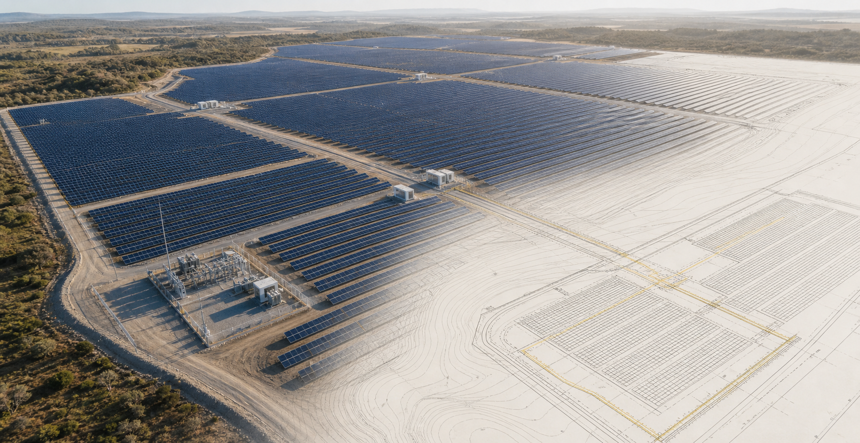 A utility-scale solar plant transitioning into detailed engineering plan linework.