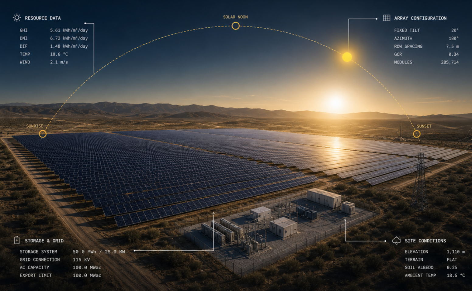 Illustrative SolarLab simulation output showing a utility-scale solar plant with resource, array, storage, grid and site annotations