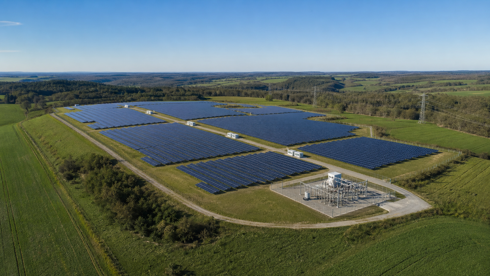 Conceptual aerial visualization of a fixed-tilt solar power plant